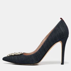 Sjp Sarah Jessica Parker Navy Blue Denim Crystal Embellished Pointed Toe Pumps